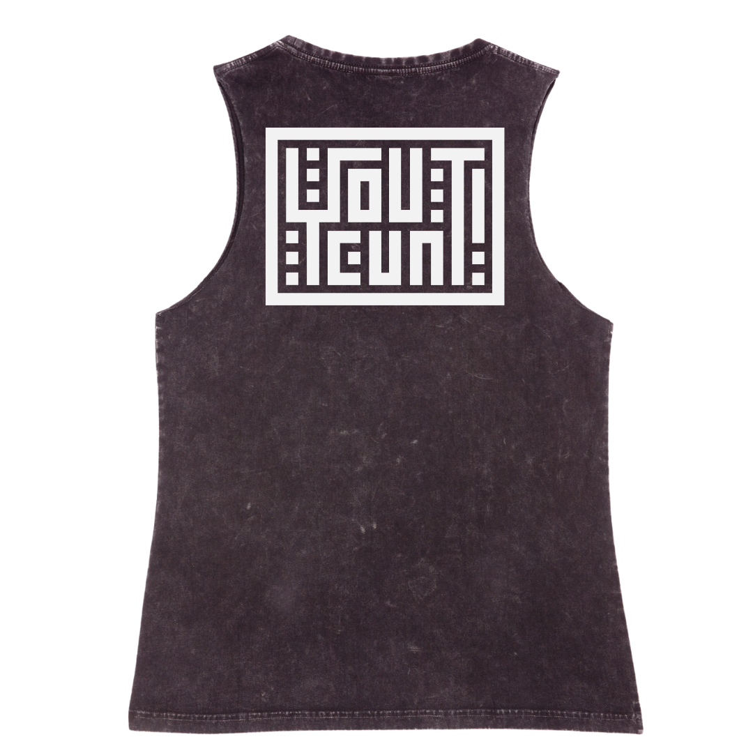 A sleeveless tank top in a washed black or charcoal color, featuring a large white graphic print on the back with the text 'HOUT ACUN!' in a stylized geometric layout inside a white border.