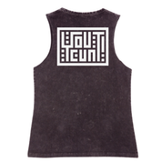 A sleeveless tank top in a washed black or charcoal color, featuring a large white graphic print on the back with the text 'HOUT ACUN!' in a stylized geometric layout inside a white border.