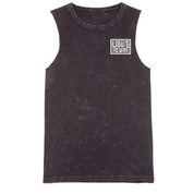 A sleeveless black tank top with a mineral wash finish, featuring a white square graphic on the left chest that reads 'TRUST AGAIN!'. The tank top is displayed flat against a solid white background.