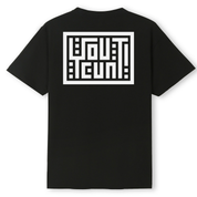 A black short-sleeve t-shirt shown from the back, featuring a large white geometric block logo graphic across the upper back.