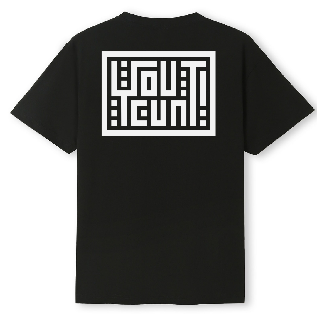 A black short-sleeve t-shirt shown from the back, featuring a large white geometric block logo graphic across the upper back.