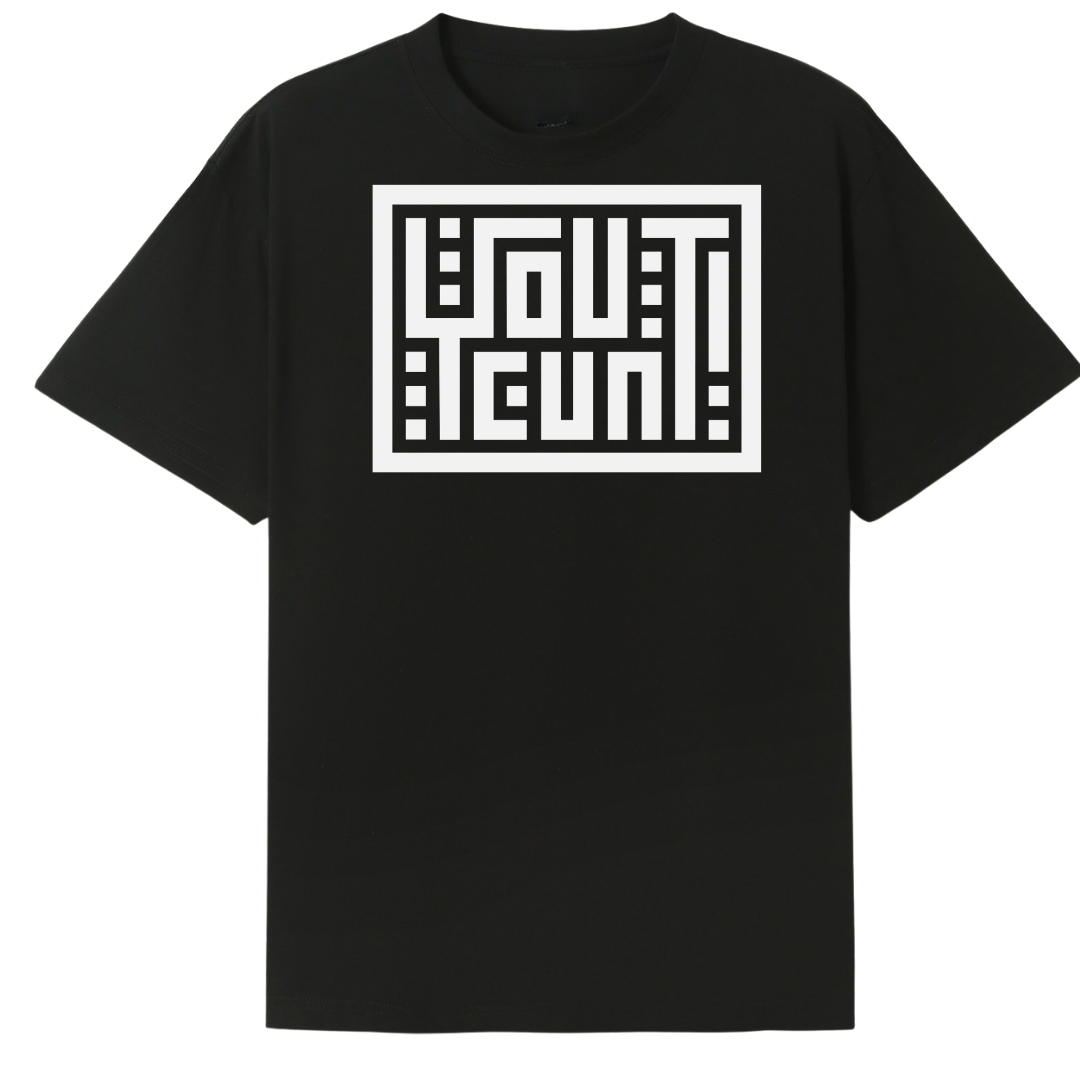 A black short-sleeve crewneck t-shirt featuring a large white geometric graphic on the chest that reads 'I GOT THIS!' in a stylized block pattern.