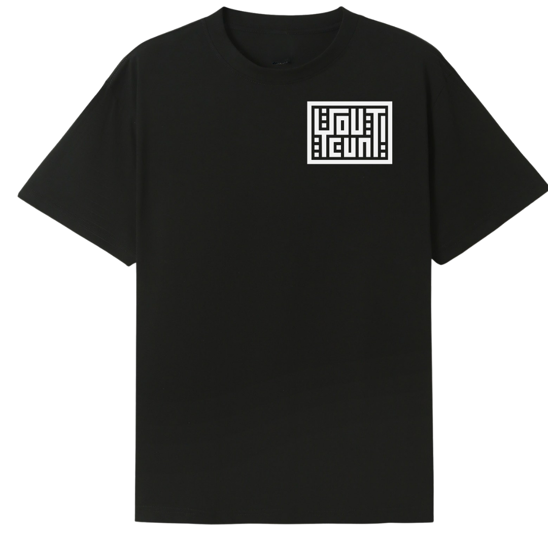 A black short-sleeve crewneck t-shirt with a white graphic print on the left chest, displayed on a solid white background.