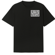 A black short-sleeve crewneck t-shirt with a white graphic print on the left chest, displayed on a solid white background.