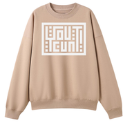 A beige crewneck sweatshirt with a large white graphic print on the chest featuring the text 'DOUG UT HEUN!' in a stylized geometric layout, displayed on a solid white background.