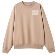 A beige crewneck sweatshirt with a white geometric logo on the left chest, displayed on a clean white background.