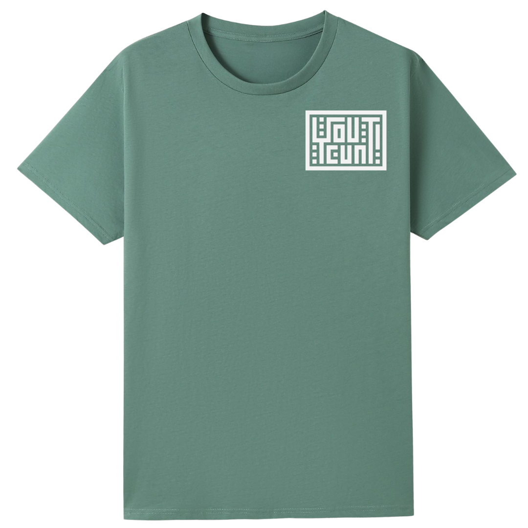 A sage green short-sleeve crewneck t-shirt with a white geometric logo on the left chest, displayed on a solid white background.