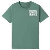 A sage green short-sleeve crewneck t-shirt with a white geometric logo on the left chest, displayed on a solid white background.