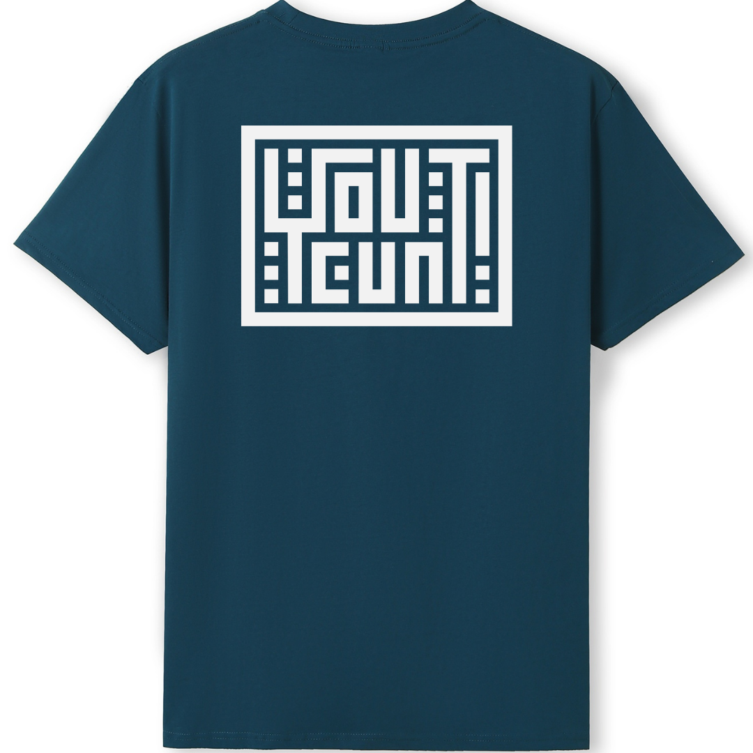 A dark teal blue short-sleeve t-shirt with a large white graphic print on the back. The graphic features a white rectangular border enclosing stylized text that reads 'I GOT THIS' in a blocky, geometric font.