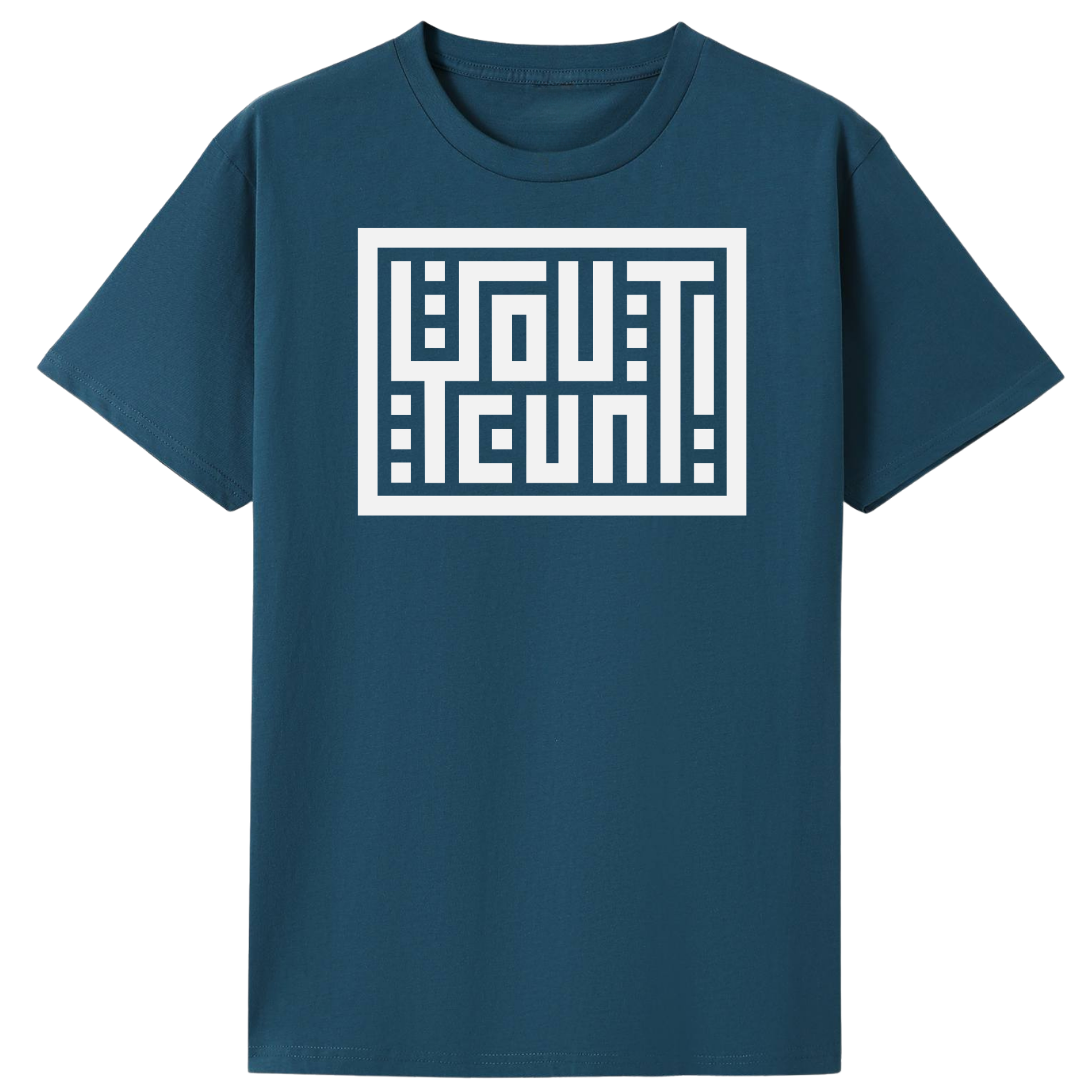A dark teal blue short-sleeve t-shirt with a white graphic print on the chest. The graphic features a white rectangular border enclosing stylized block letters that spell out 'OUT LUN' in a maze-like pattern.