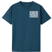 A dark teal blue short-sleeve t-shirt with a white geometric logo printed on the left chest, displayed on a solid white background.