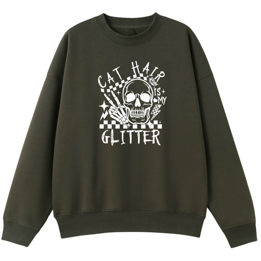 Dark green sweatshirt with white graphic design on a white background