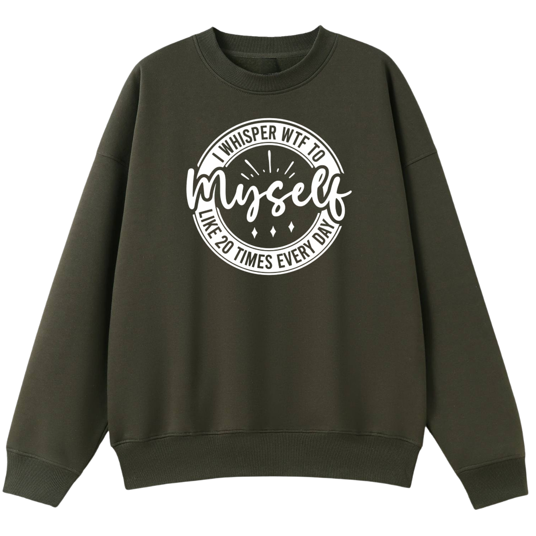 Green sweatshirt with humorous text design on a white background