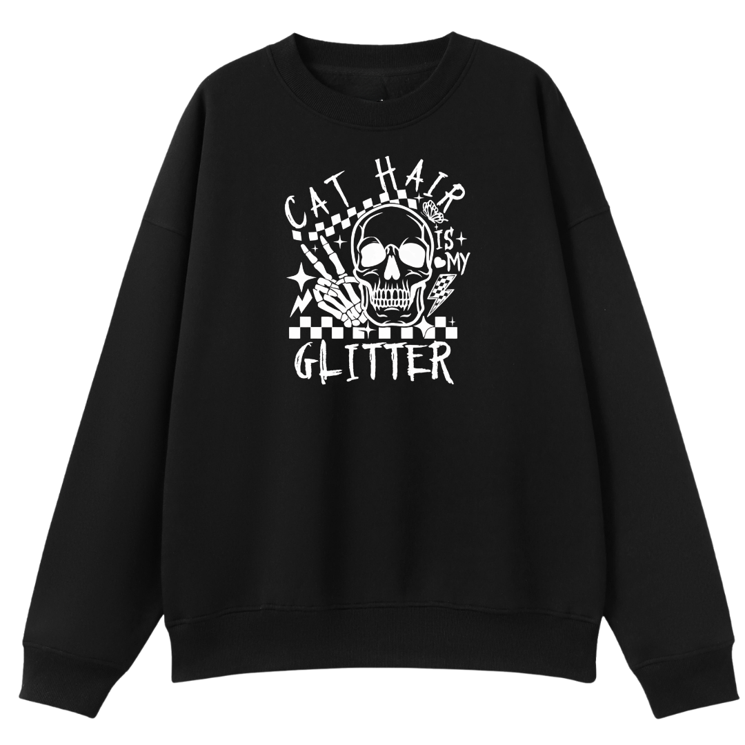 Black sweatshirt with white graphic design on a white background