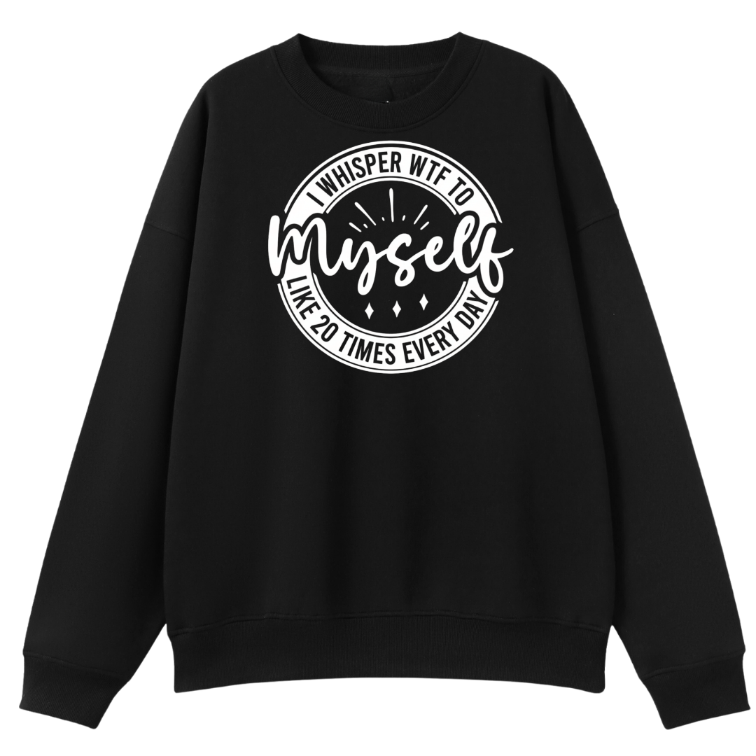 Black sweatshirt with white text on a white background