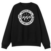 Black sweatshirt with white text on a white background