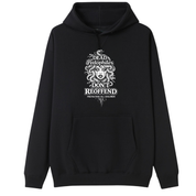 A black pullover hoodie with a white graphic print on the chest featuring a Medusa illustration and the text 'Dead Pedophiles Don't Reoffend' and 'Protecting All Children'.
