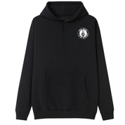 A black pullover hoodie with a white circular chest graphic on the left side, featuring a hand symbol inside a circle with the text 'Dog Hair' and 'is my glitter'. The hoodie has a front kangaroo pocket and is shown against a plain white background.