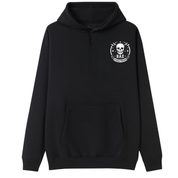 A black pullover hoodie with a white graphic print on the left chest featuring a snake and the text 'DON'T BLOODETH' and 'RUFFEND'.