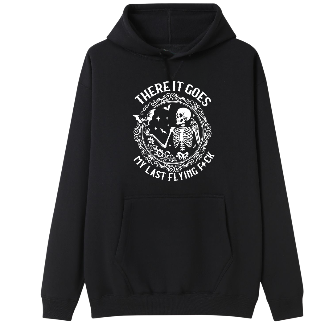 A black pullover hoodie with a front graphic of a skull with blue hair, surrounded by text and floral details, displayed on a solid white background.