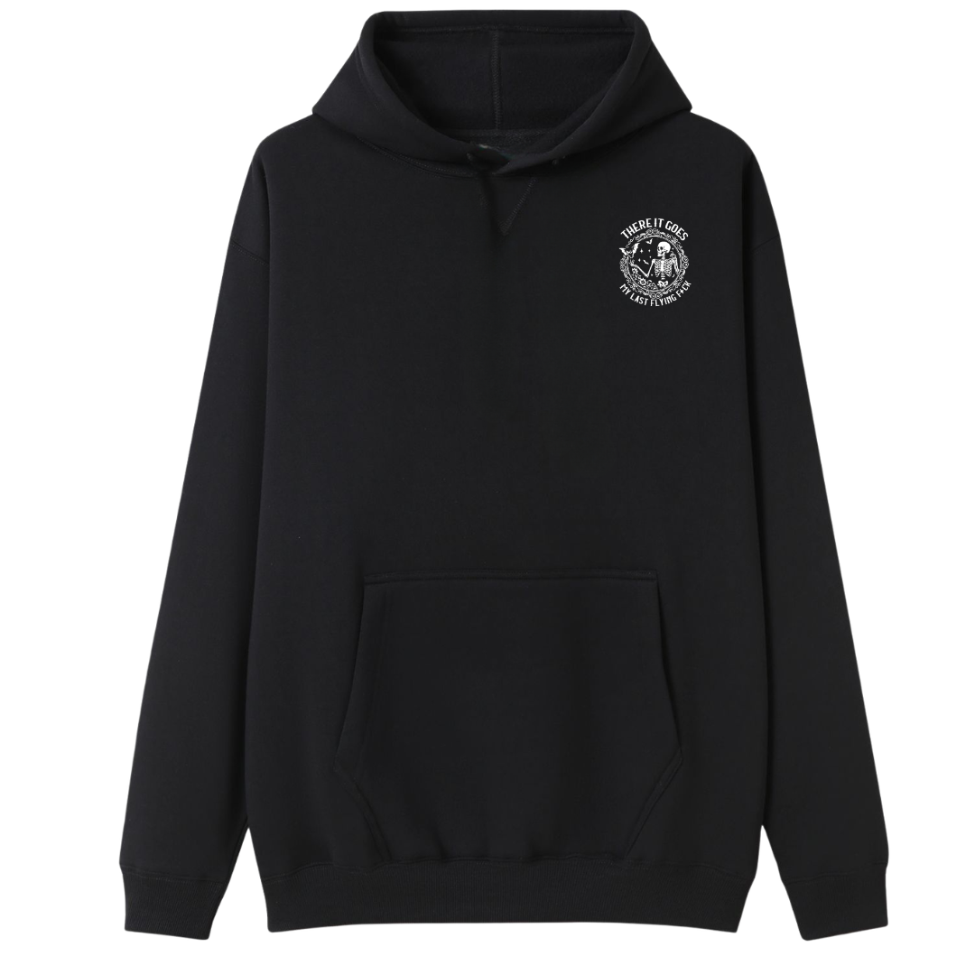 A black pullover hoodie with a white circular chest graphic on the left side, featuring a hand symbol inside a circle with the text There is goes, my last flying fuck. The hoodie has a front kangaroo pocket and is shown against a plain white background.