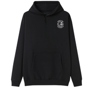 A black pullover hoodie with a white circular chest graphic on the left side, featuring a hand symbol inside a circle with the text There is goes, my last flying fuck. The hoodie has a front kangaroo pocket and is shown against a plain white background.