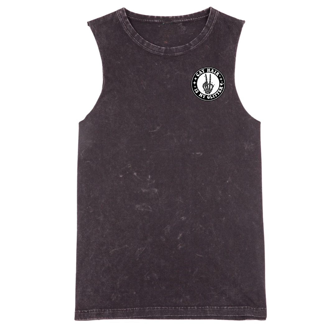 Black sleeveless shirt with a logo on a white background