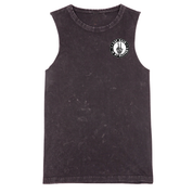 Black sleeveless shirt with a logo on a white background