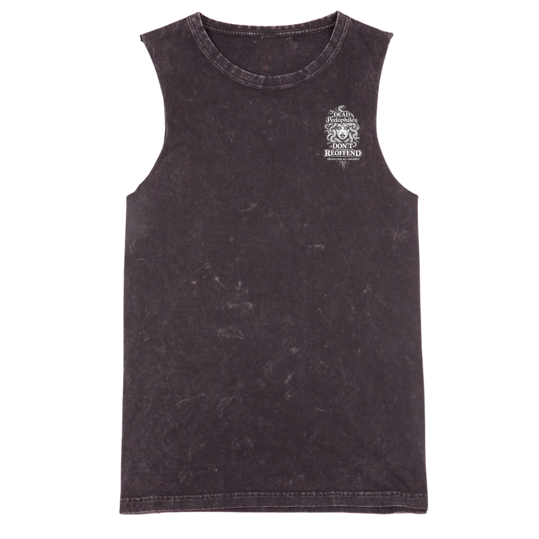 Black sleeveless shirt with a logo on a white background