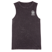 Black sleeveless shirt with a logo on a white background