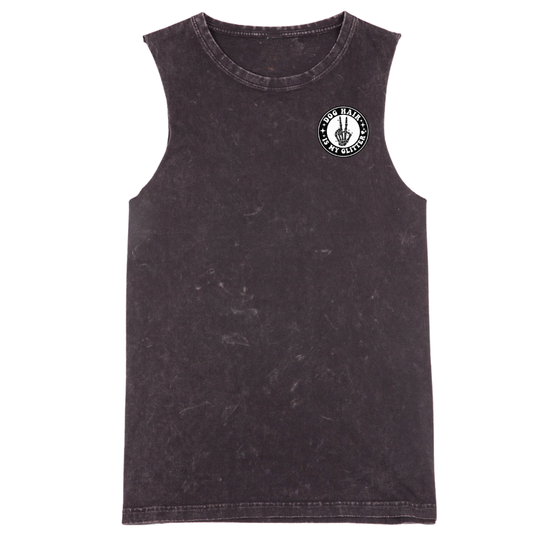 Black sleeveless shirt with a logo on a white background
