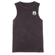 Black sleeveless shirt with a logo on a white background