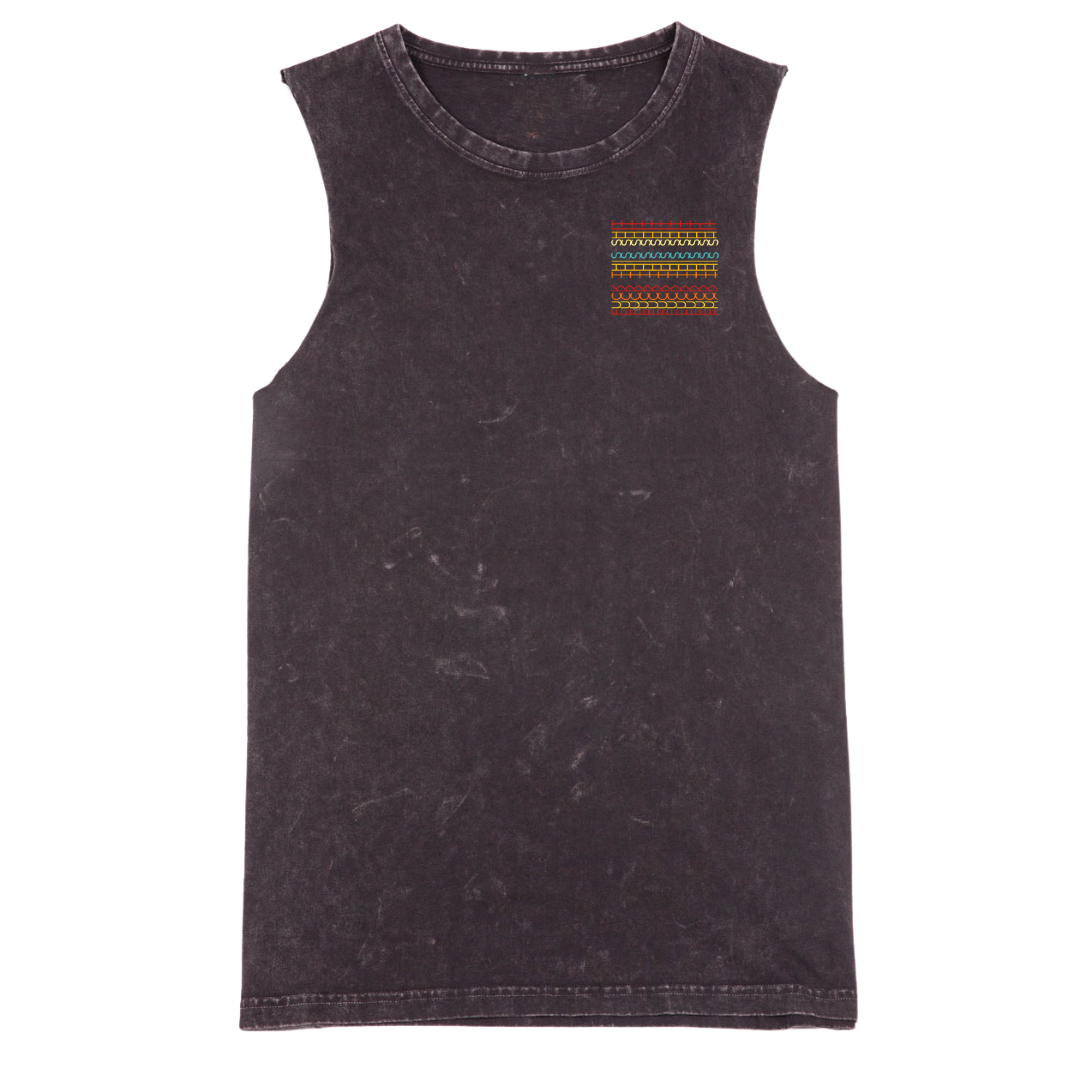Black sleeveless shirt with a colorful geometric pattern on a white background