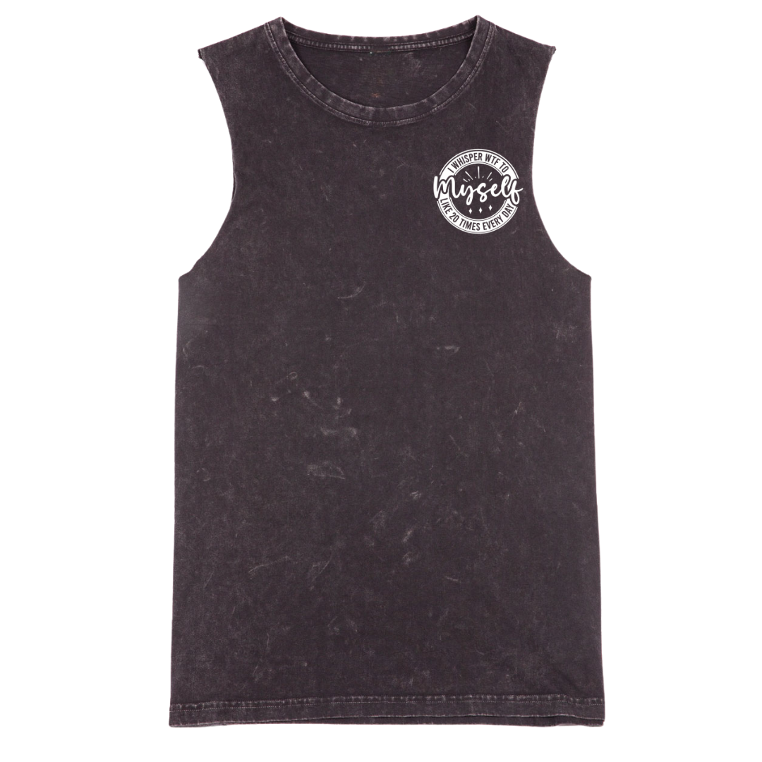 Black sleeveless shirt with a white logo on a white background