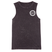 Black sleeveless shirt with a white logo on a white background