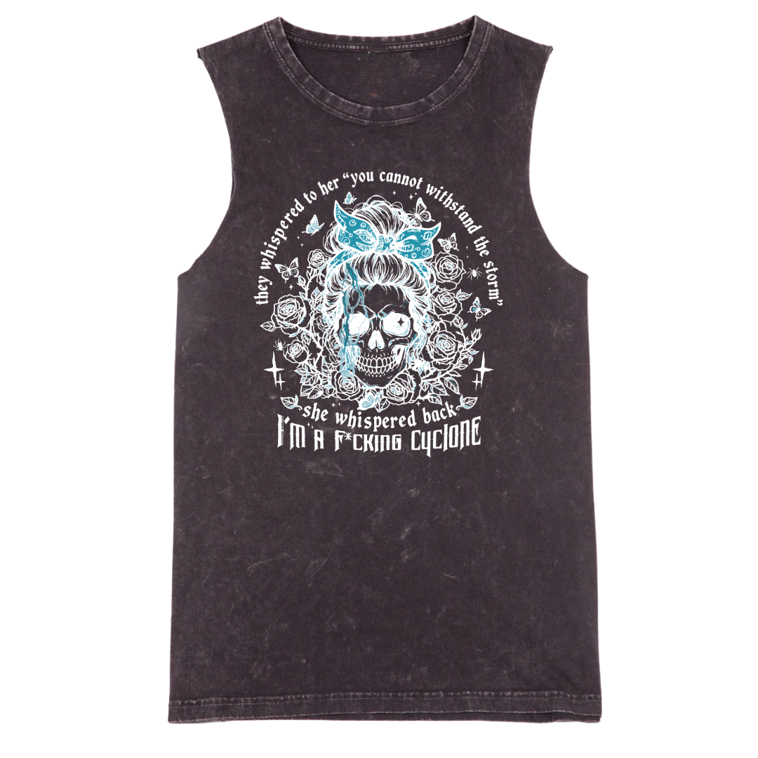 Black tank top with graphic design and text on a white background