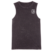 Black sleeveless shirt with a logo on a white background
