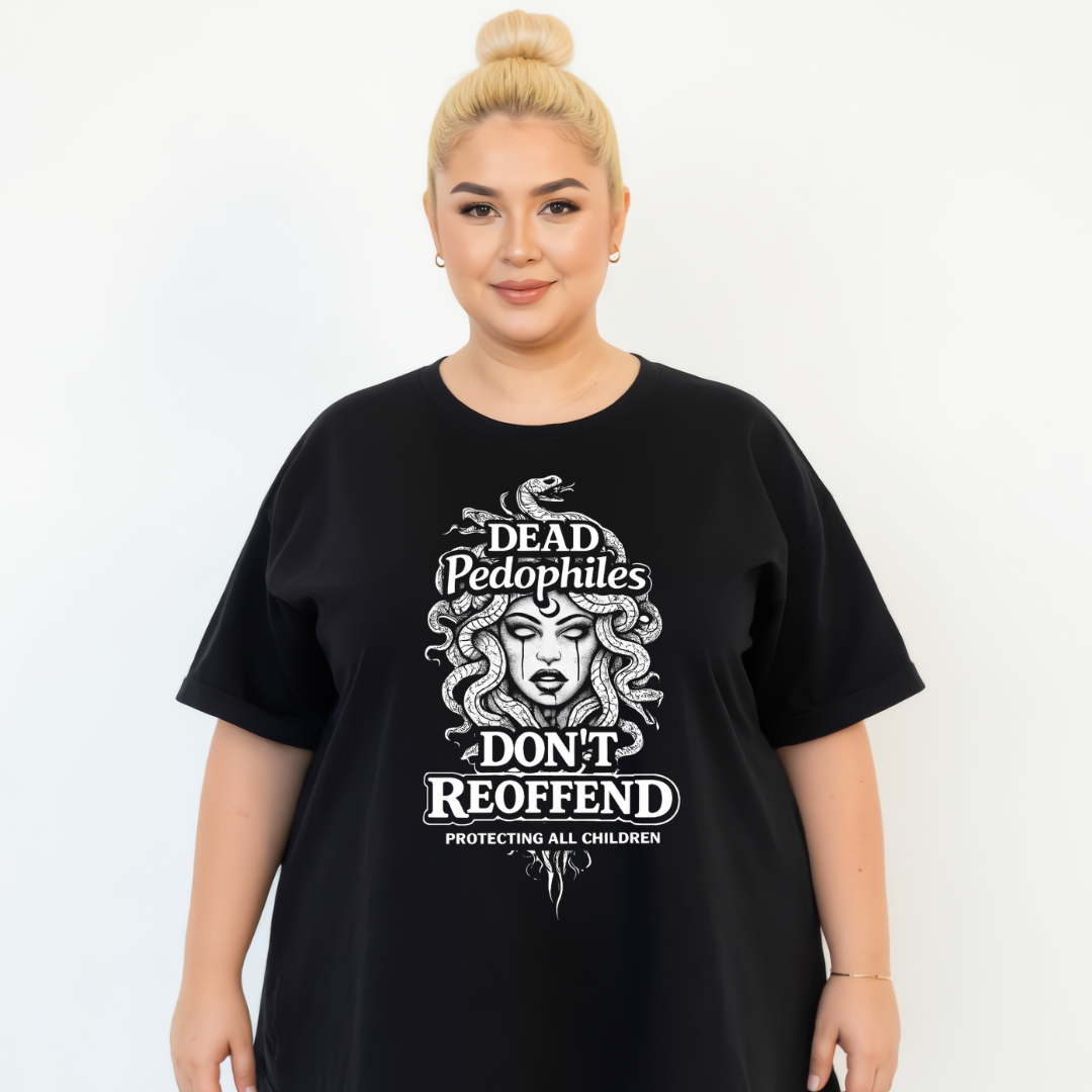 Person wearing a black t-shirt with graphic design and text