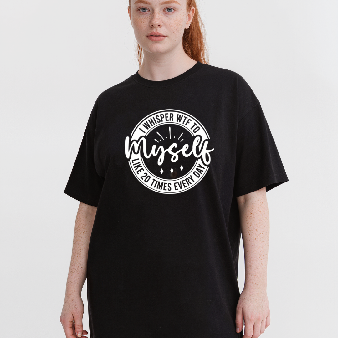 Person wearing a black t-shirt with white text on a plain background