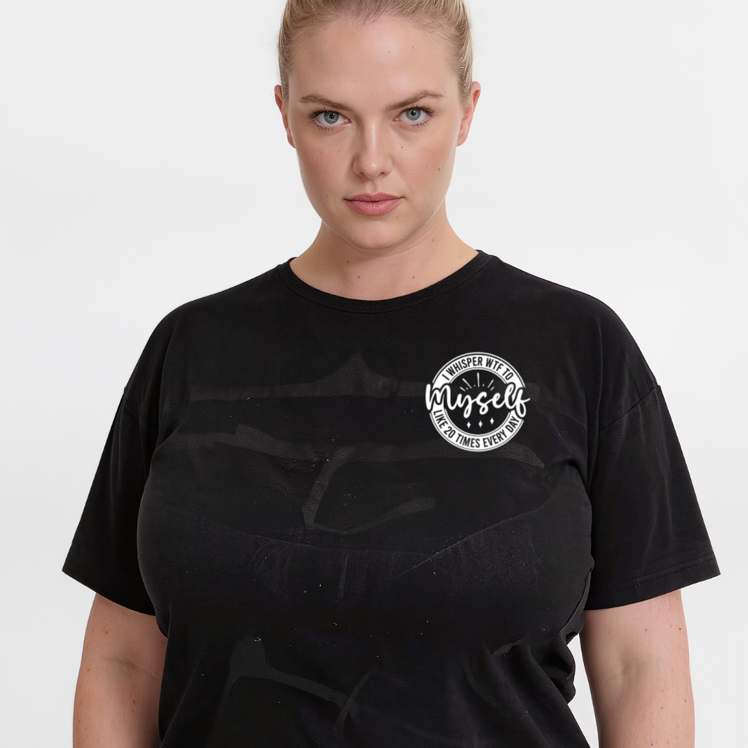 Person wearing a black t-shirt with a white logo on a white background