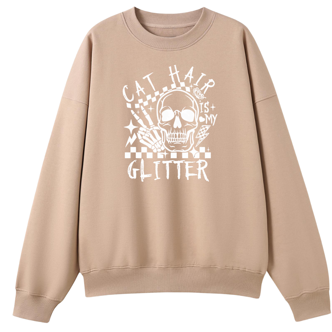 Beige sweatshirt with a skull design and text on a white background