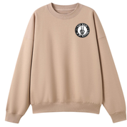 Beige sweatshirt with a logo on the chest against a white background