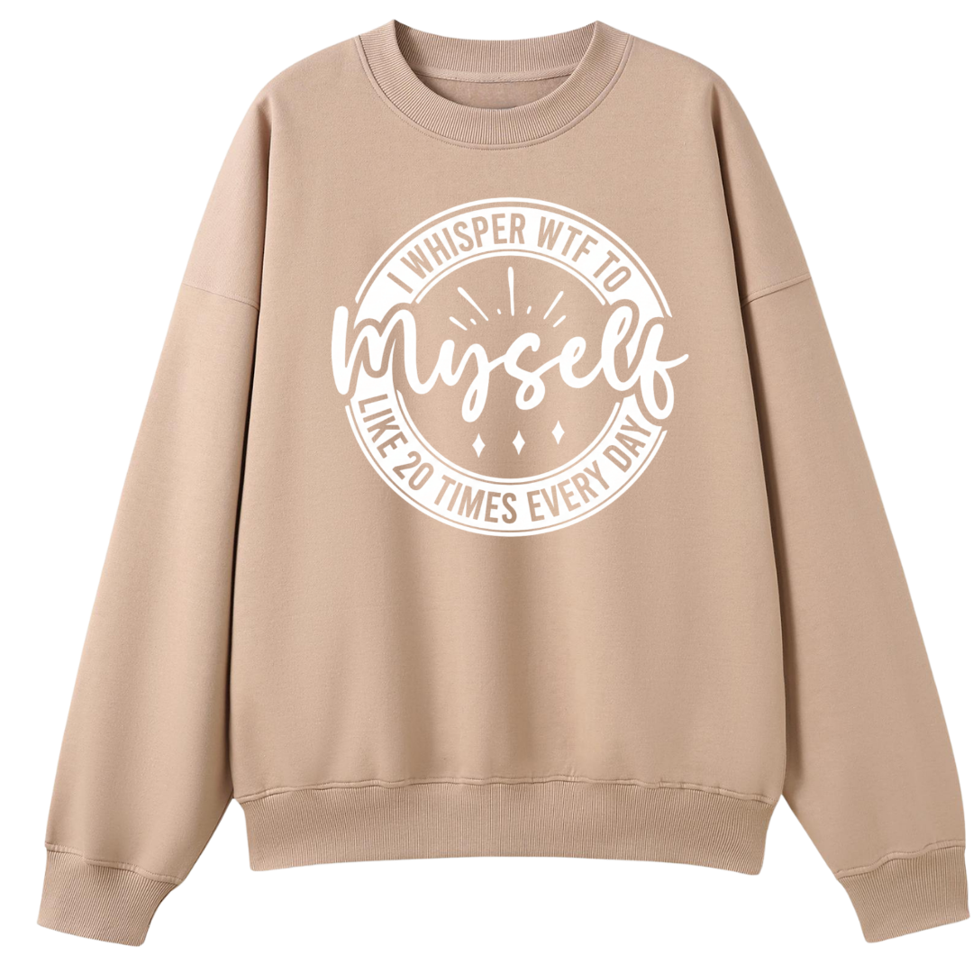 Beige sweatshirt with white text graphic on a white background