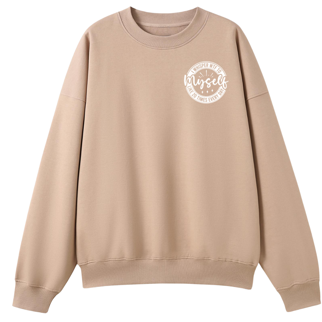 Beige sweatshirt with a white logo on a white background