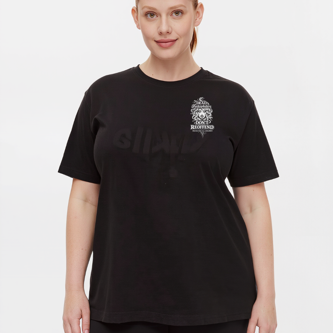 Person wearing a black t-shirt with a logo on a white background