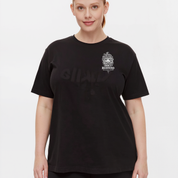 Person wearing a black t-shirt with a logo on a white background