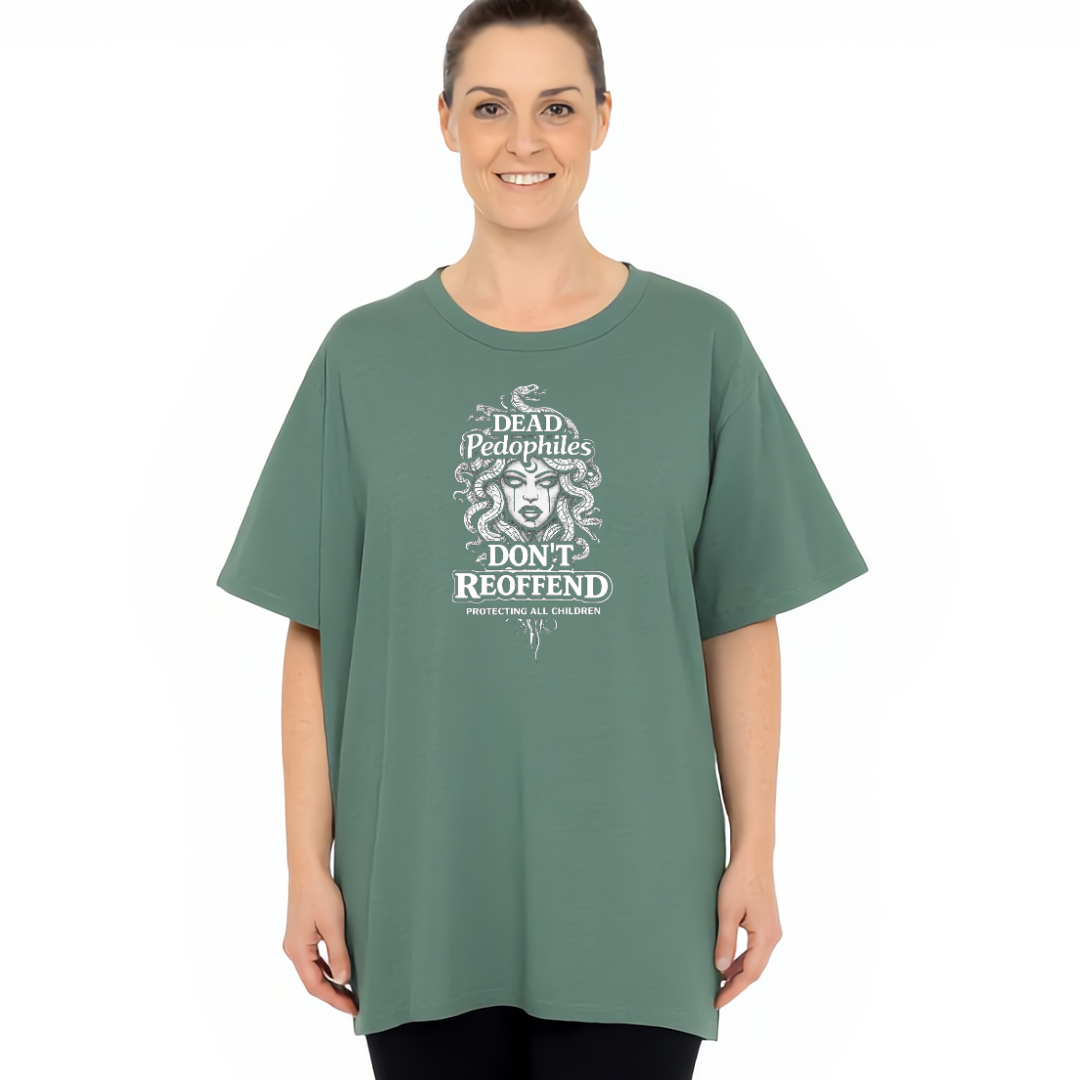 Person wearing a green t-shirt with white text and design on a white background