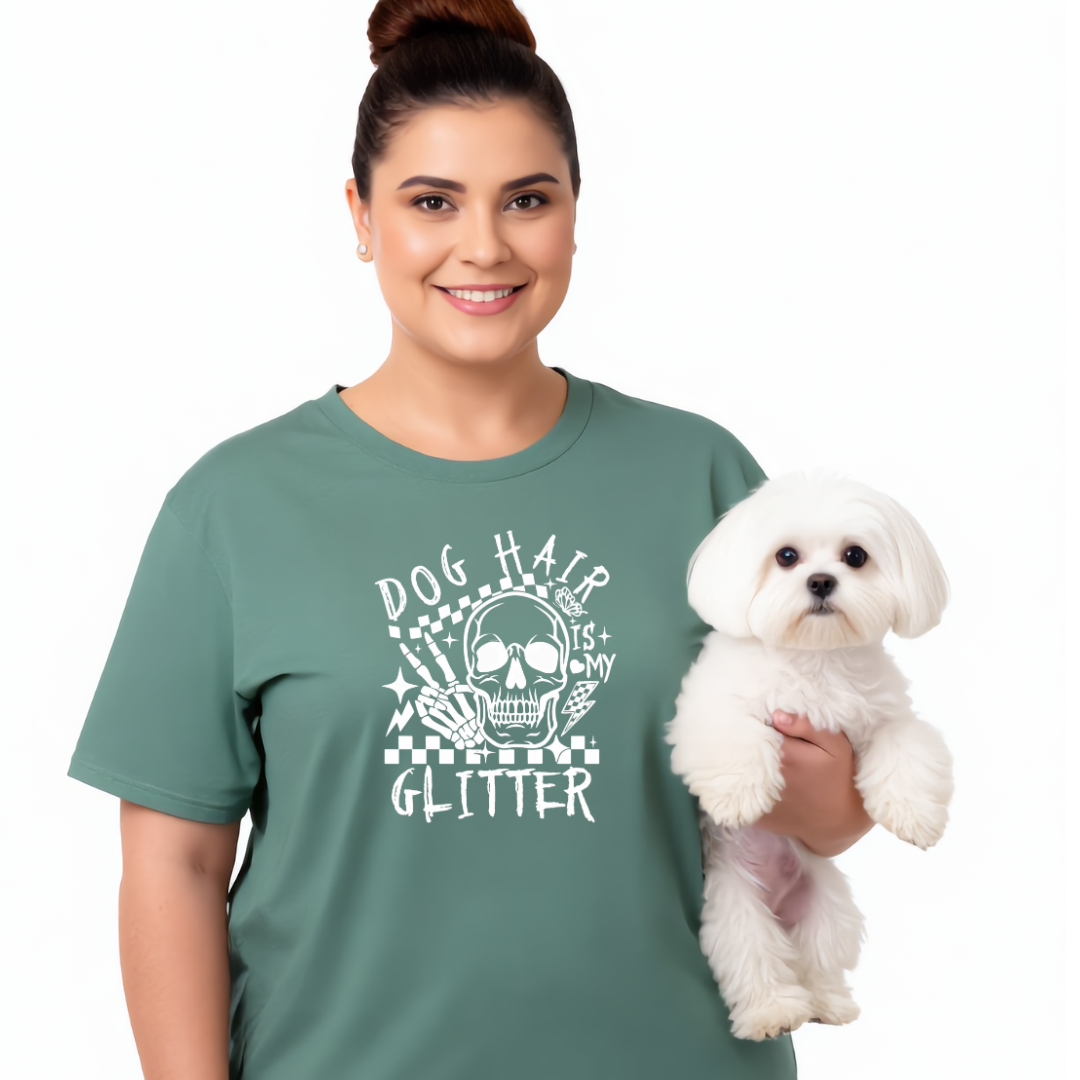 Woman wearing a green t-shirt with a skull design and text, holding a white dog on a white background