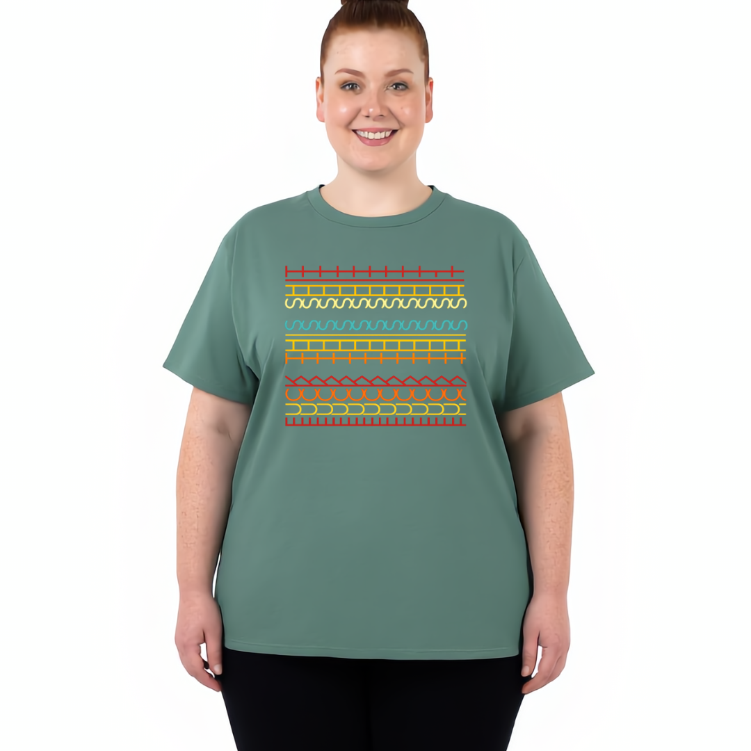 Person wearing a green t-shirt with colorful geometric pattern on a white background