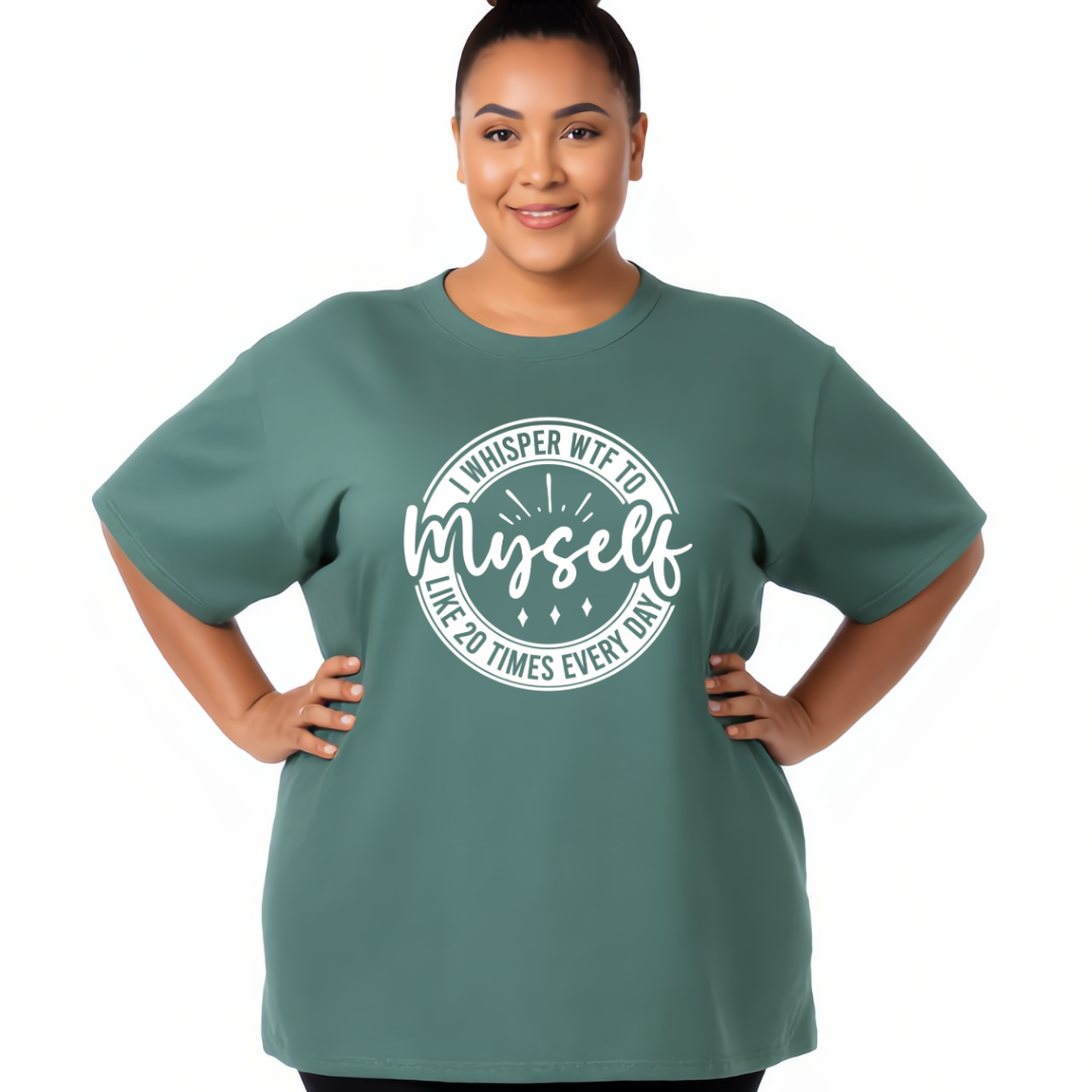 Person wearing a green t-shirt with a humorous graphic design on a white background